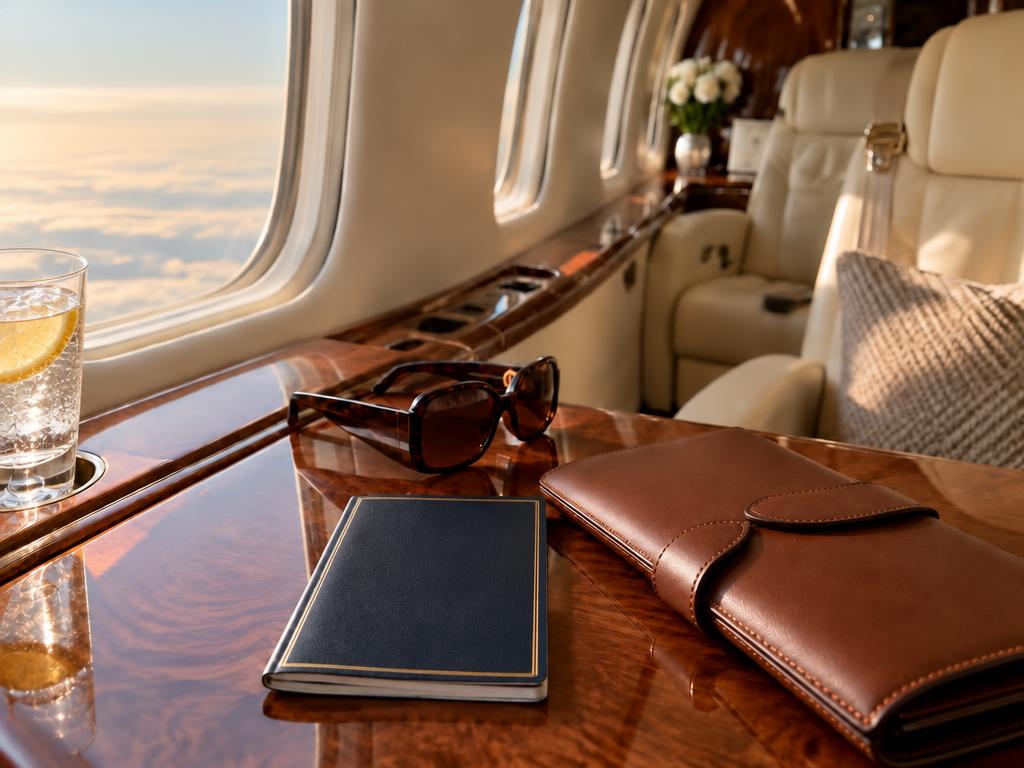 Travel planning notebook, dark green passport and coffee on a linen table in a bright interior